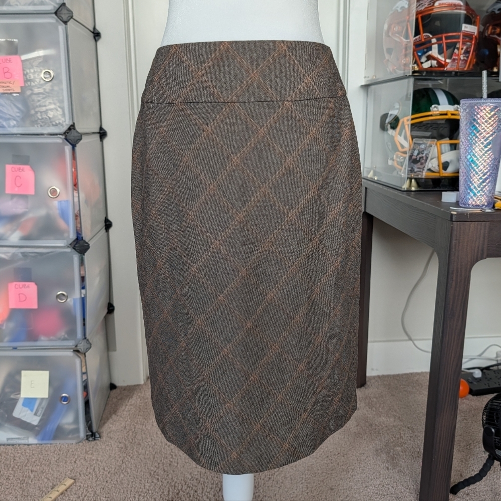 Crossing Pointe Vintage Gray Orange Plaid A-Line Pencil Mini Skirt Size 6 - Picture 3 of 8
